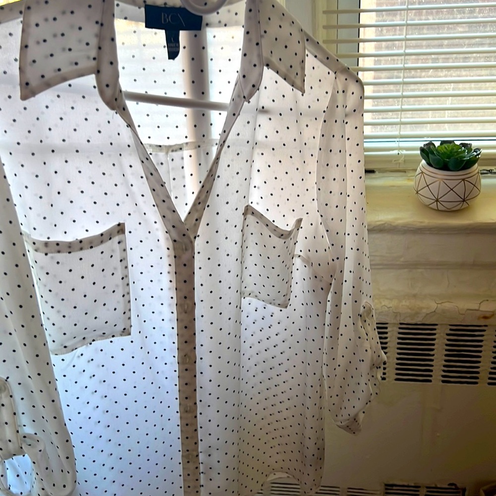 BCX Collared White Polka-dotted Button-down